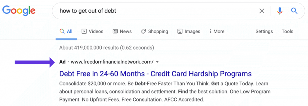 How to Get Out of Debt Google Ad Example